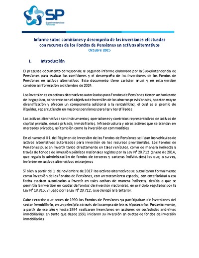 Informe sobre comisiones y desempeño de las inversiones efectuadas con recursos de los Fondos de Pensiones en activos alternativos