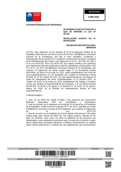 Resolución Exenta N° 953431, del 9 de septiembre de 2026, que actualiza individualización de sujetos pasivos para efectos de la Ley de Lobby en la Superintendencia de Pensiones.