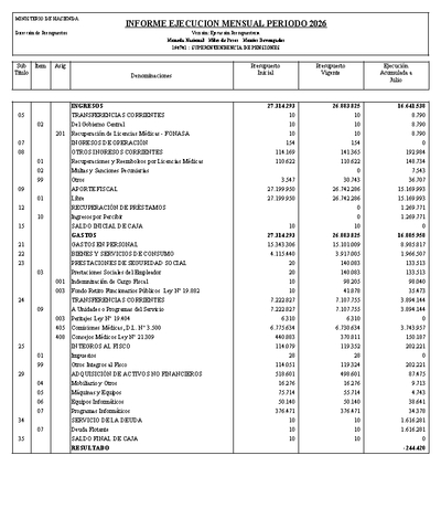 Informe Ejecución Presupuestaria a julio 2026